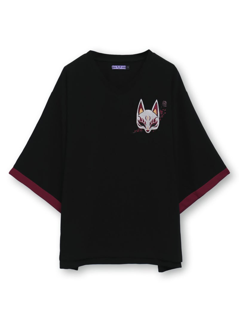 【雅結 -EN-】“狐面”総刺繍キモノスリーブ5分袖変形Tシャツ