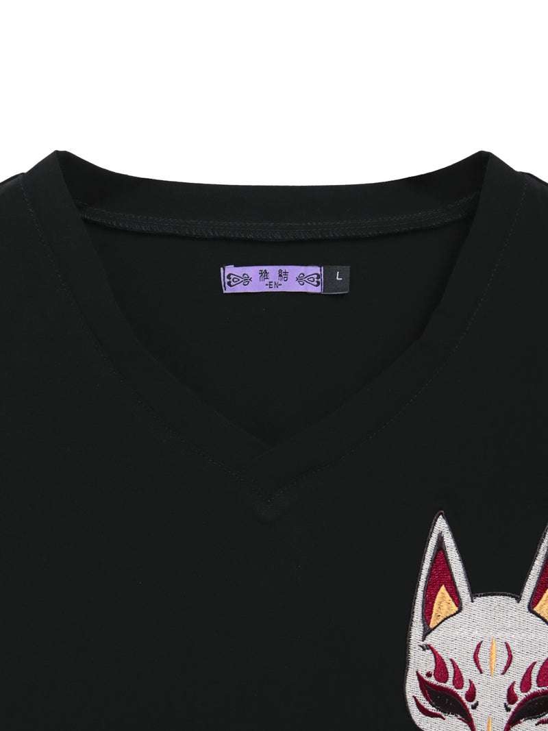 【雅結 -EN-】“狐面”総刺繍キモノスリーブ5分袖変形Tシャツ