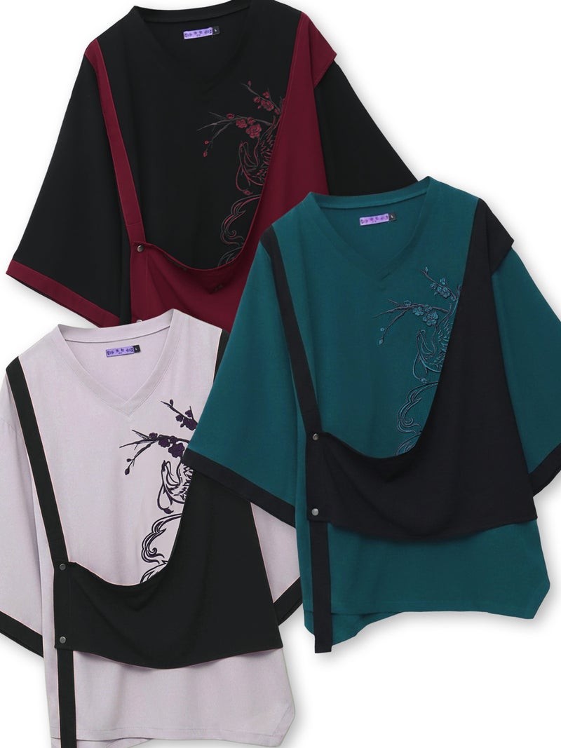 【雅結 -EN-】“鳳凰と梅”刺繍入り袈裟風キモノスリーブTシャツ
