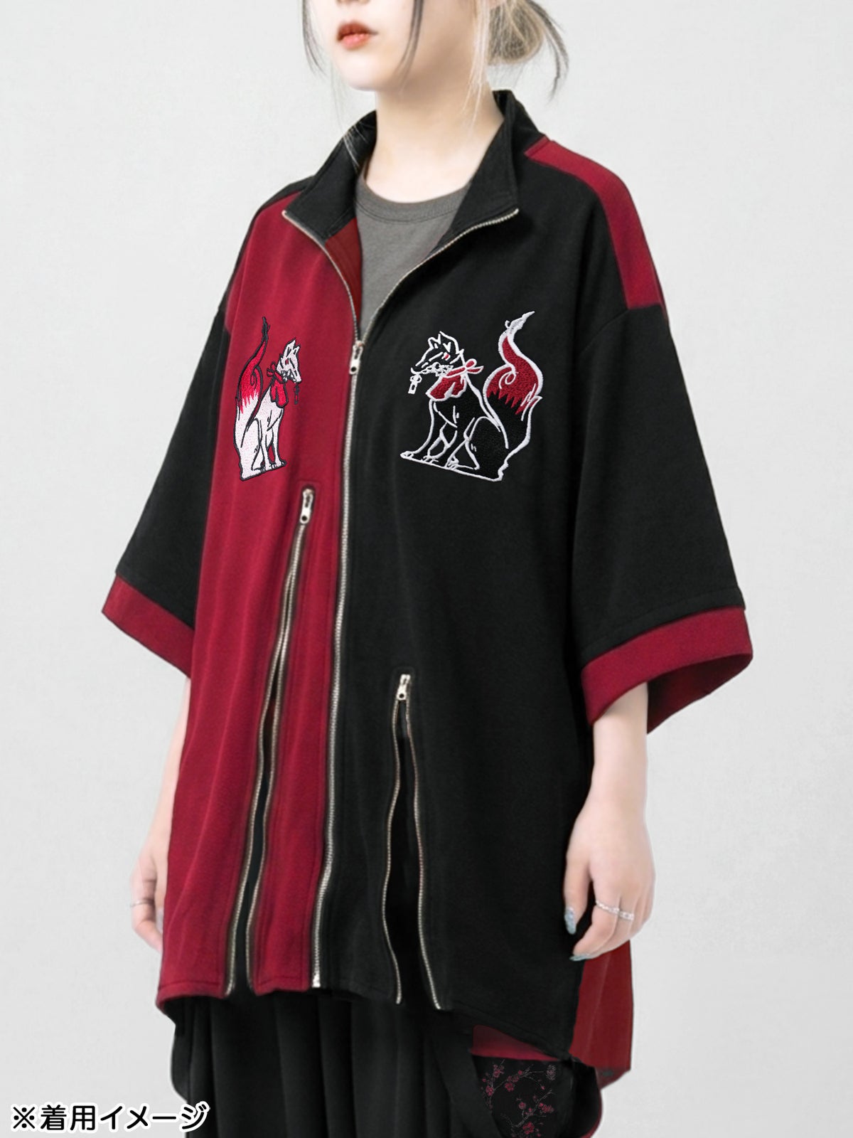 【雅結 -EN-】“お狐様”刺繍入りキモノスリーブZIP UP