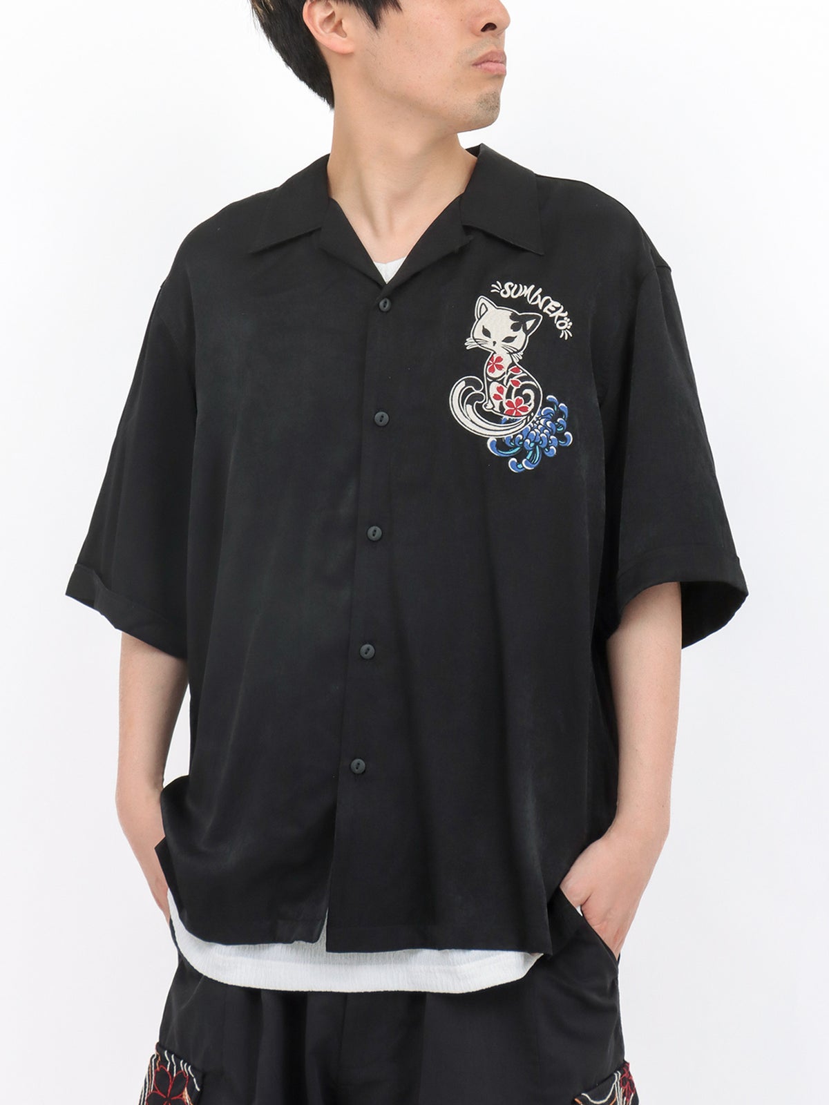 【SUMINEKO】“陰陽猫”総刺繍スカシャツ