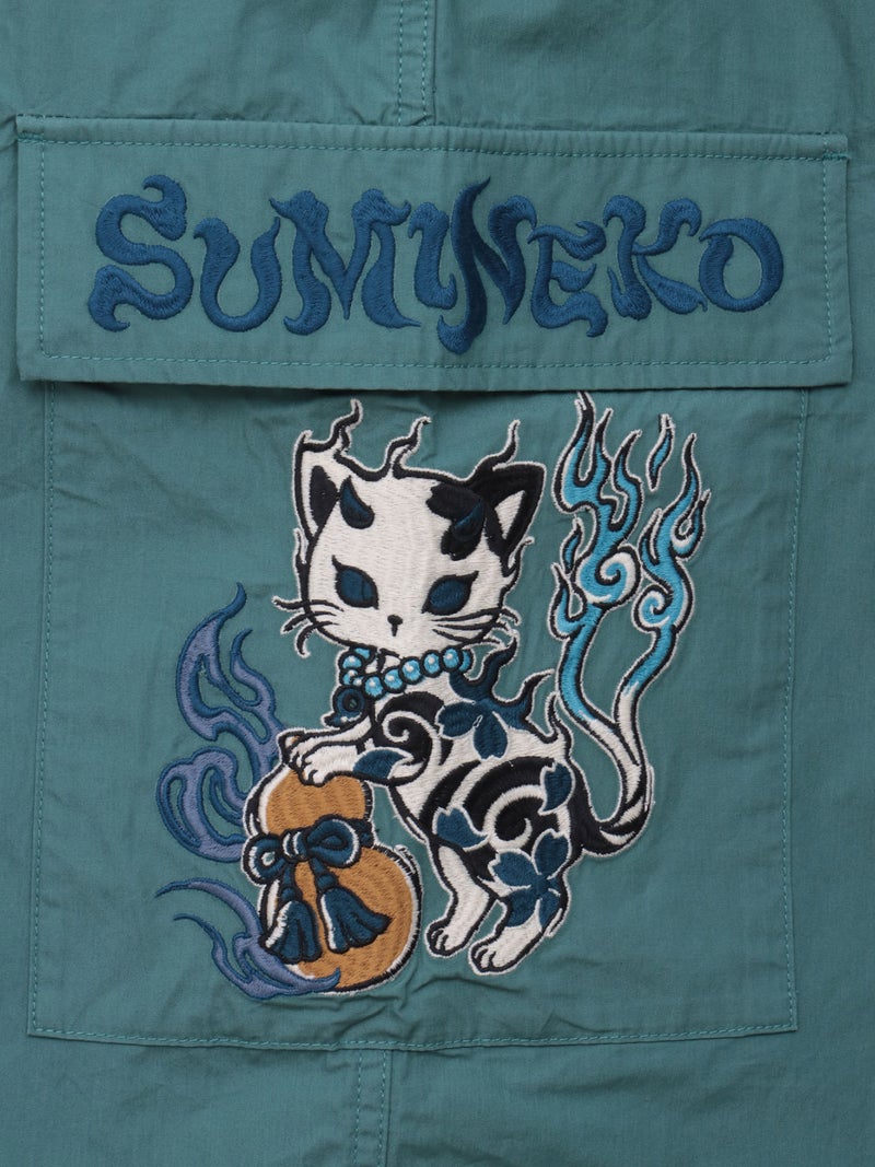 【SUMINEKO】“鬼猫”刺繍入りハーフパンツ