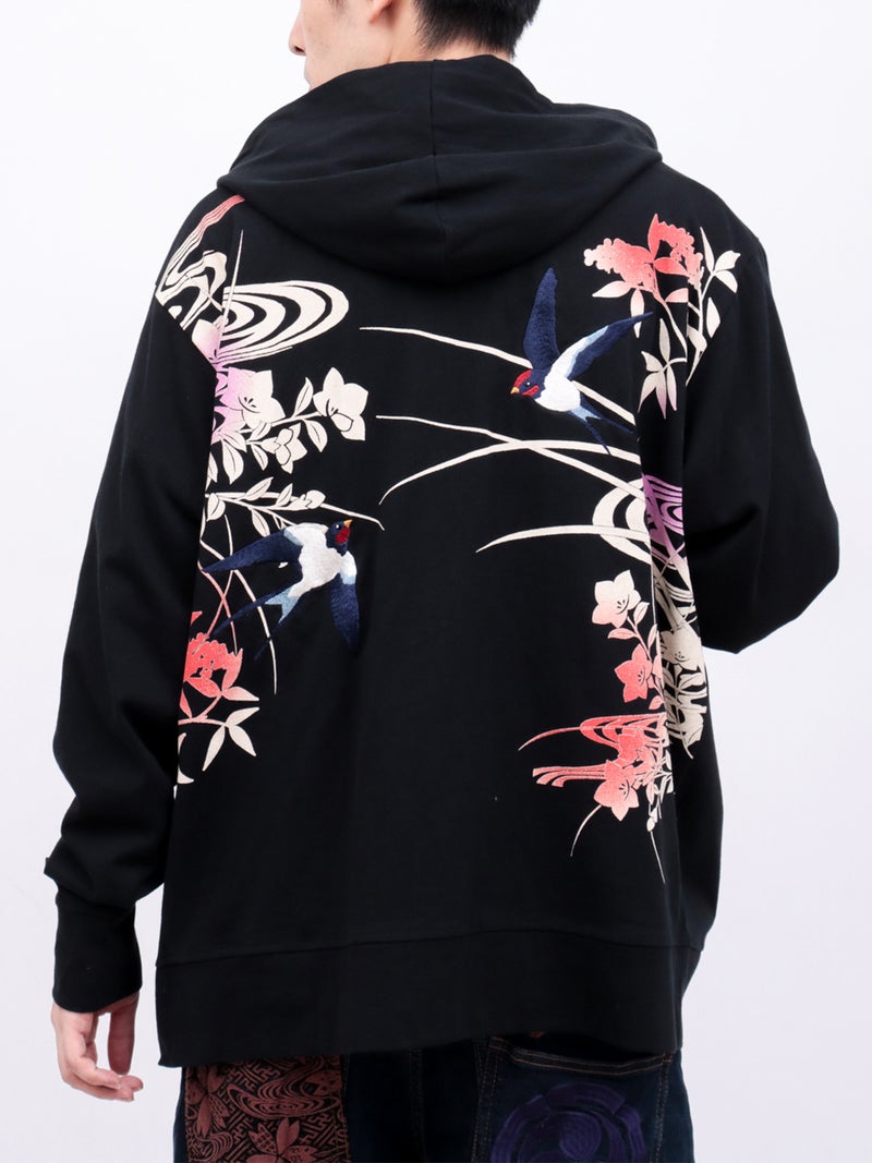【雅結×錦】“ツバメと秋の草花”刺繍入りZIPパーカー〔別注〕