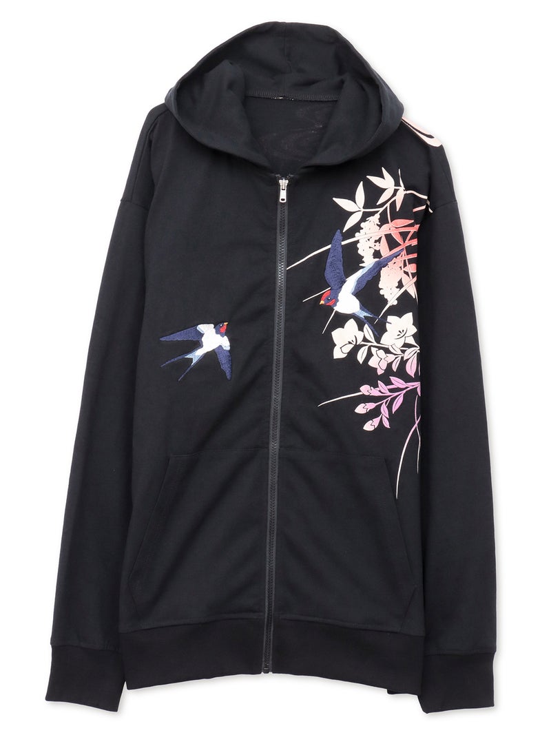 【雅結×錦】“ツバメと秋の草花”刺繍入りZIPパーカー〔別注〕
