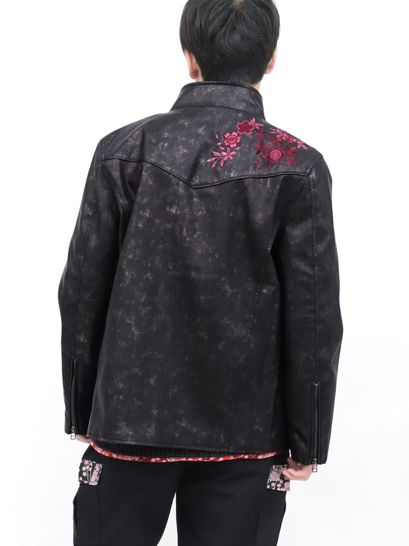 【雅結】桜刺繍ムラ染めフェイクレザージャケット