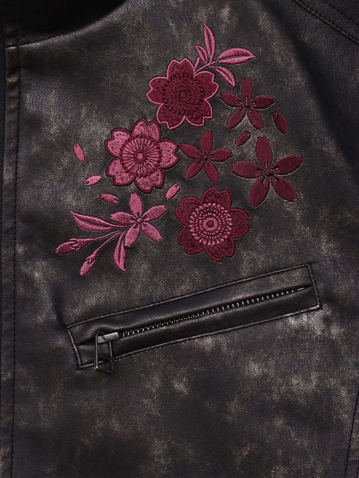 【雅結】桜刺繍ムラ染めフェイクレザージャケット