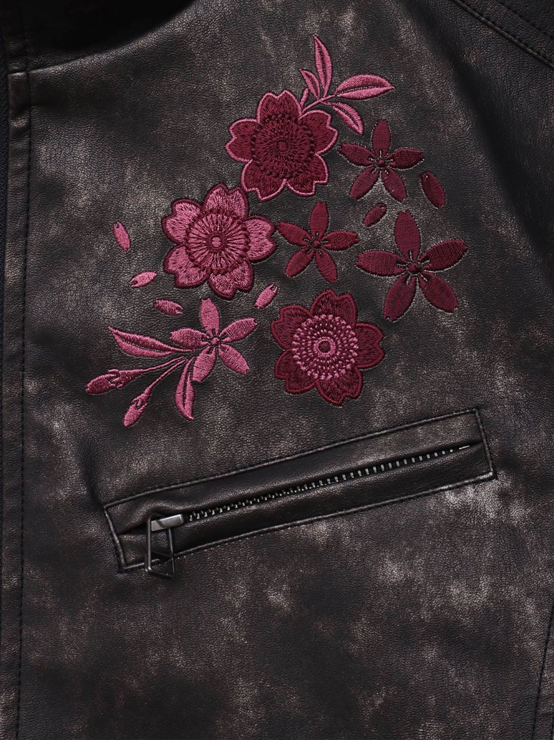 【雅結】桜刺繍ムラ染めフェイクレザージャケット