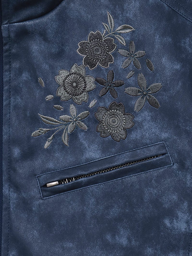 【雅結】桜刺繍ムラ染めフェイクレザージャケット