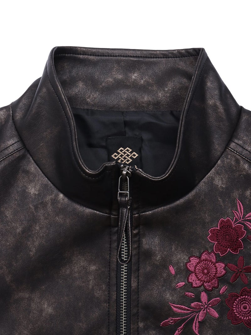 【雅結】桜刺繍ムラ染めフェイクレザージャケット