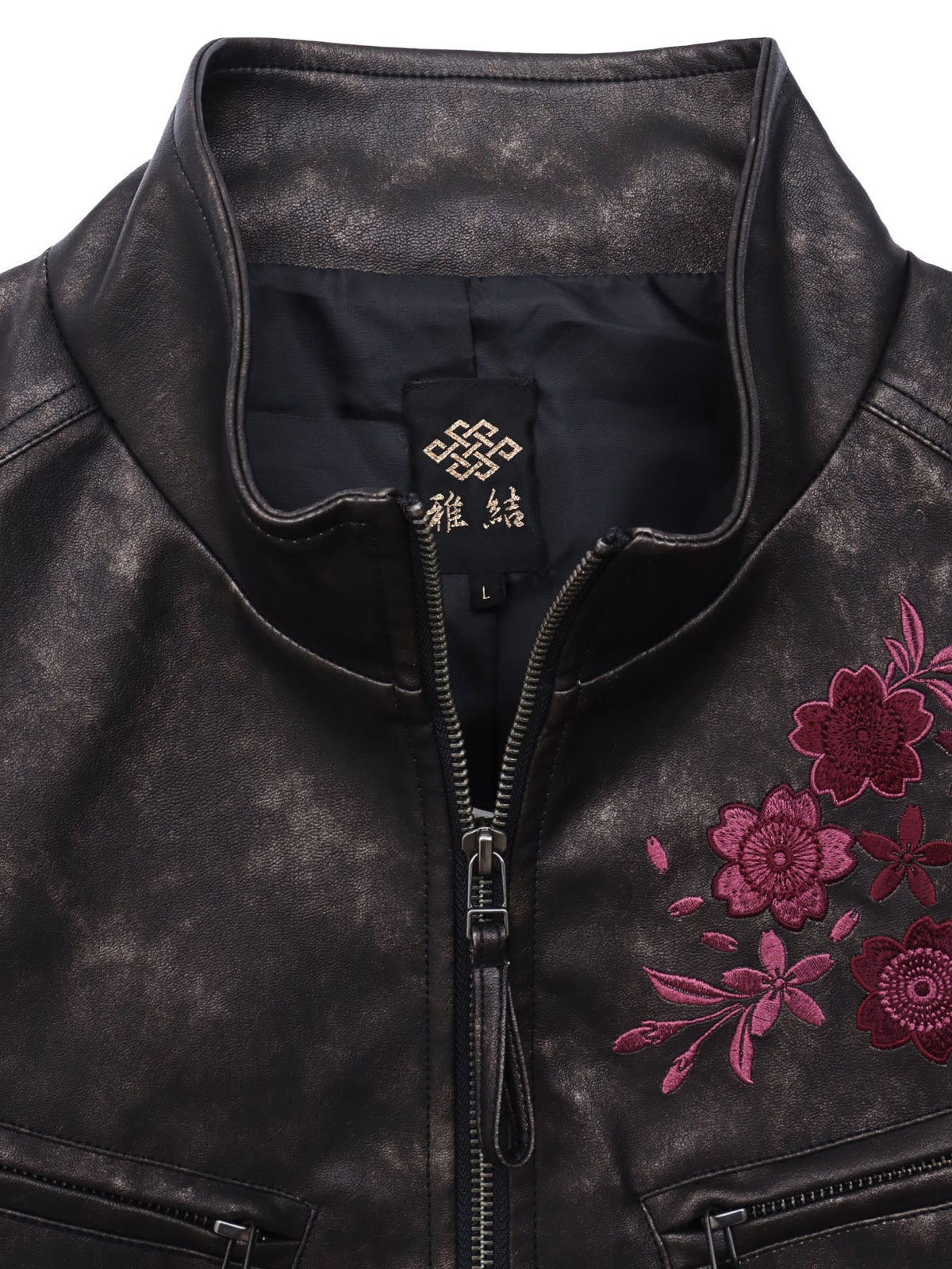 【雅結】桜刺繍ムラ染めフェイクレザージャケット