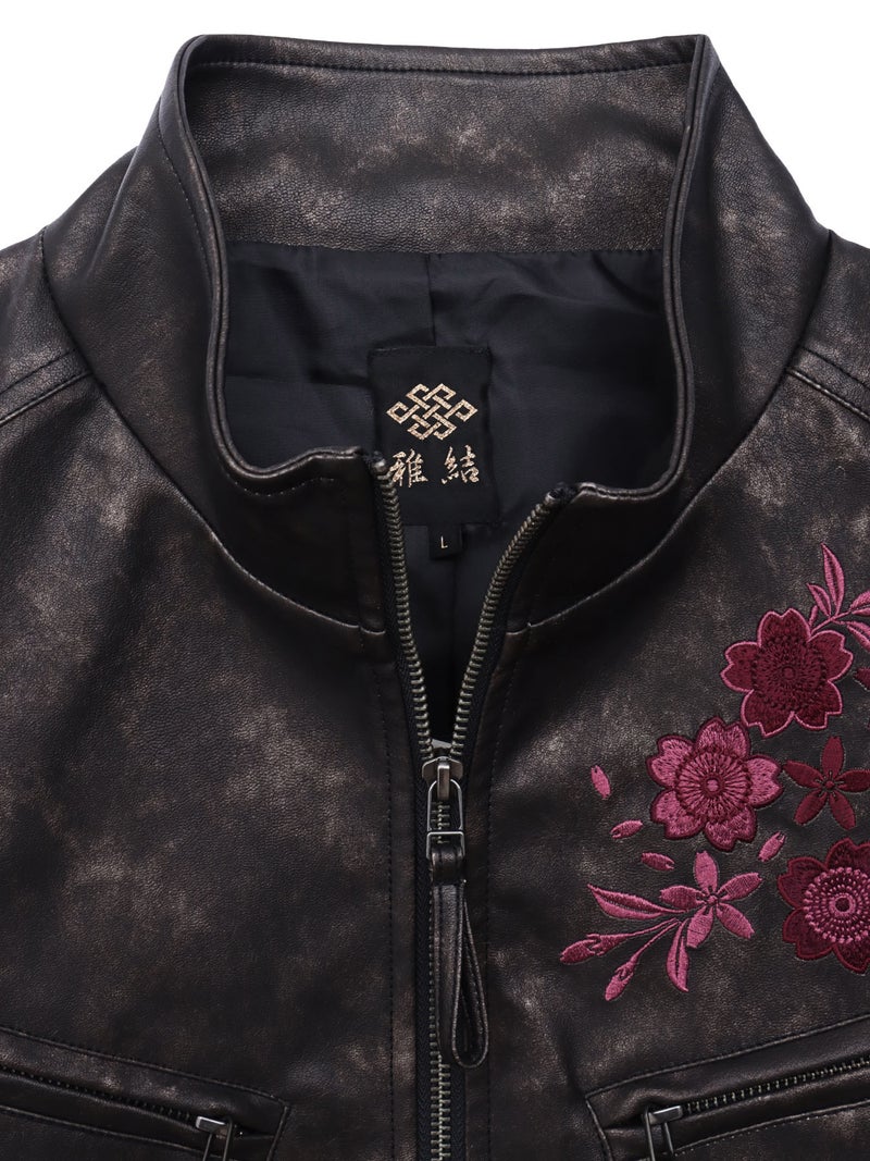 【雅結】桜刺繍ムラ染めフェイクレザージャケット