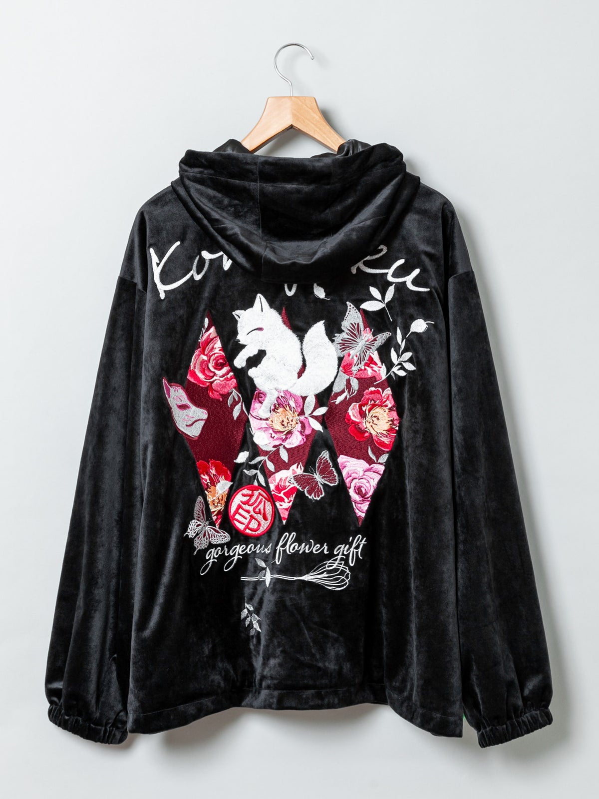 【今昔 -KON-JAKU-】“花のおくりもの”刺繍入りベロアフードJKT