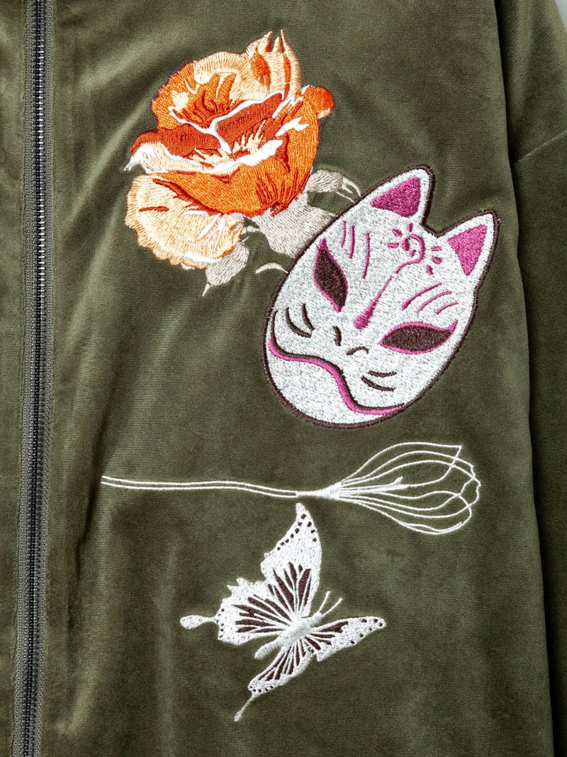 【今昔 -KON-JAKU-】“花のおくりもの”刺繍入りベロアフードJKT