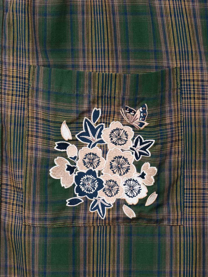 【雅結】桜刺繍 フード付きチェックシャツアウター