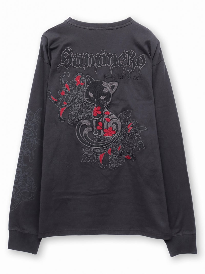 【SUMINEKO】“菊と墨猫”刺繍入りロンT