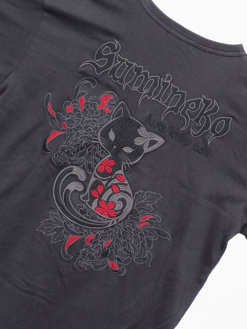 【SUMINEKO】“菊と墨猫”刺繍入りロンT