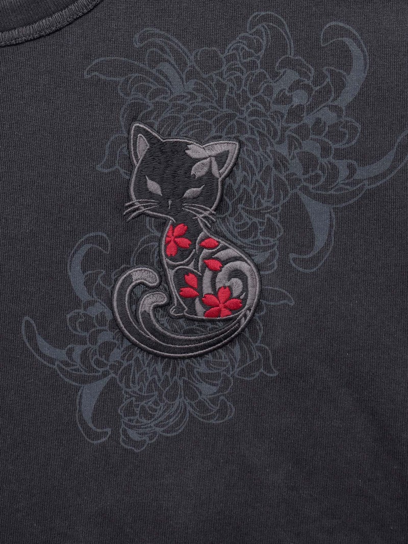 【SUMINEKO】“菊と墨猫”刺繍入りロンT