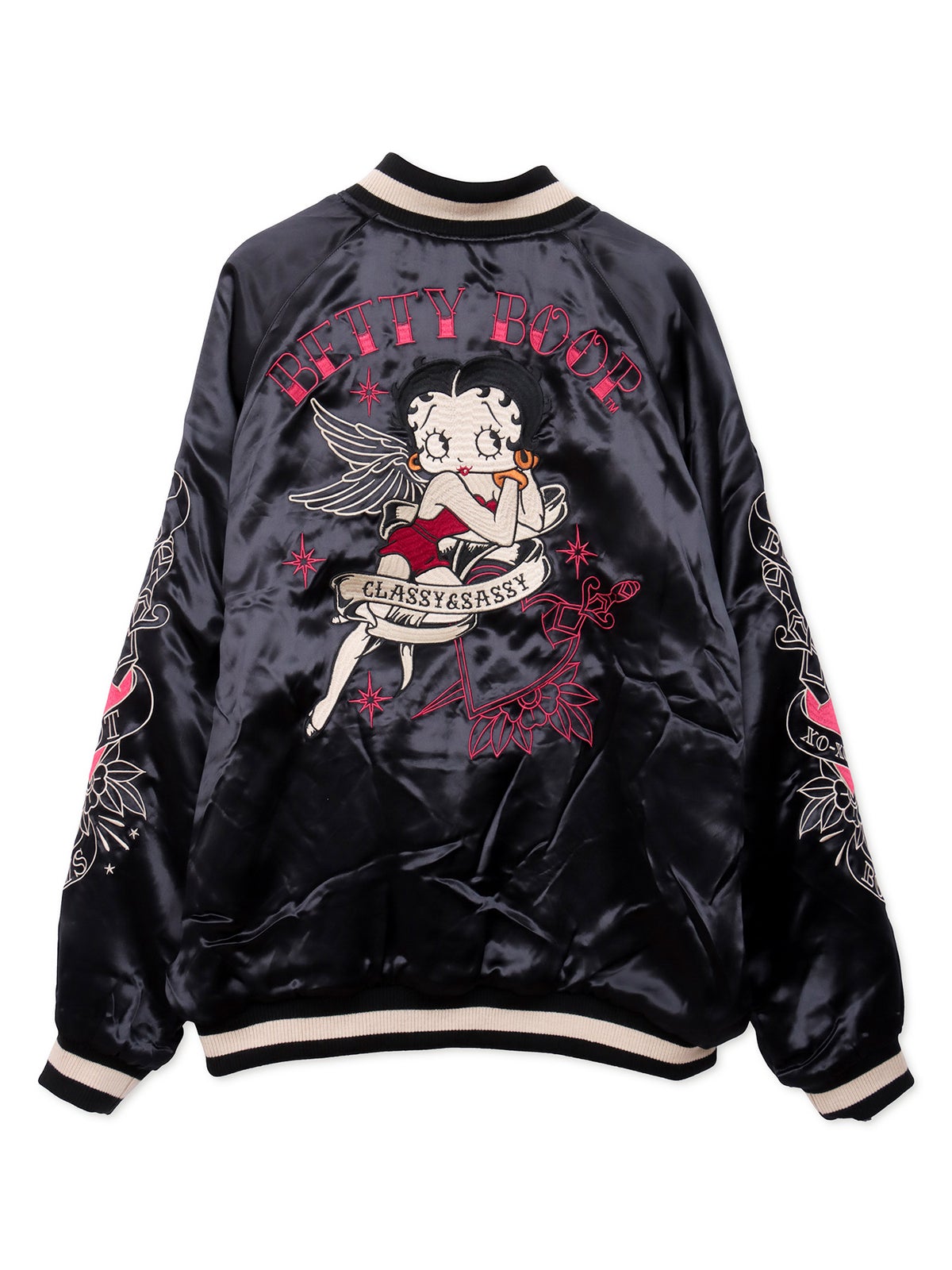 【BETTY BOOP】“黒猫&白猫ベイビーベティ”刺繍入りリバーシブルファースカジャン〔別注〕