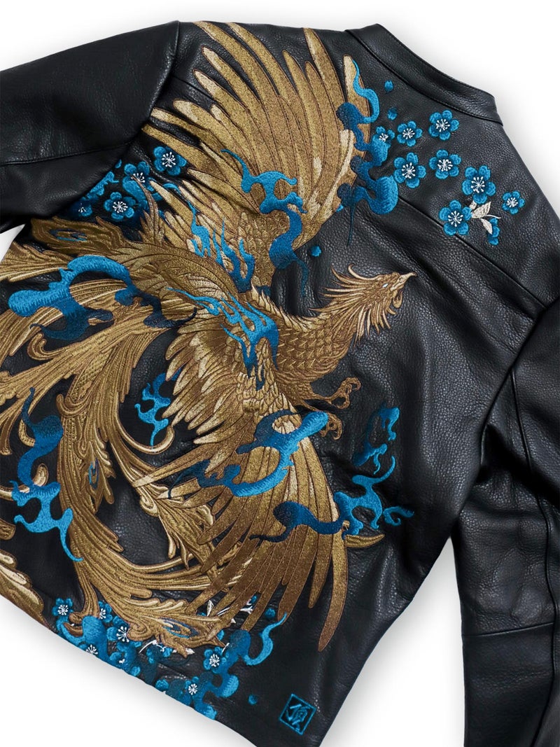 【絡繰魂・頂】“蒼炎”鳳凰刺繍入りレザージャケット〔別注〕