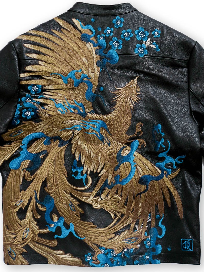 【絡繰魂・頂】“蒼炎”鳳凰刺繍入りレザージャケット〔別注〕
