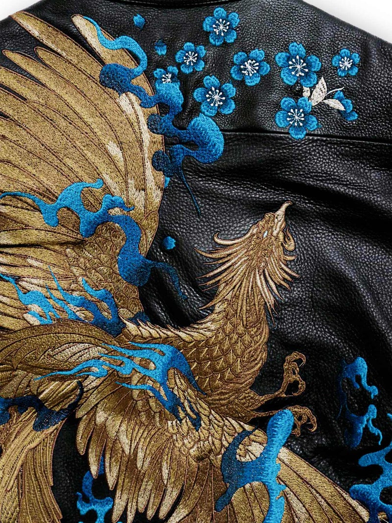 【絡繰魂・頂】“蒼炎”鳳凰刺繍入りレザージャケット〔別注〕