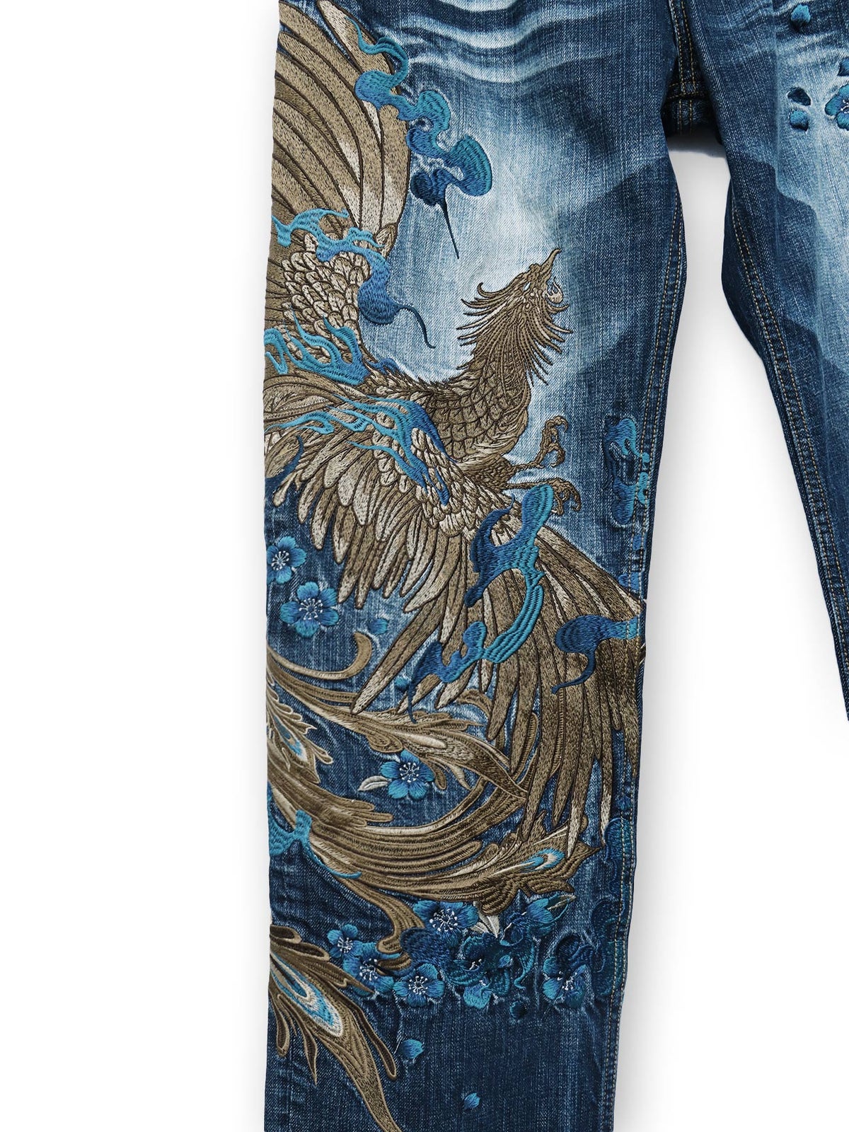【絡繰魂・頂】“蒼炎”鳳凰総刺繍デニムパンツ〔別注〕