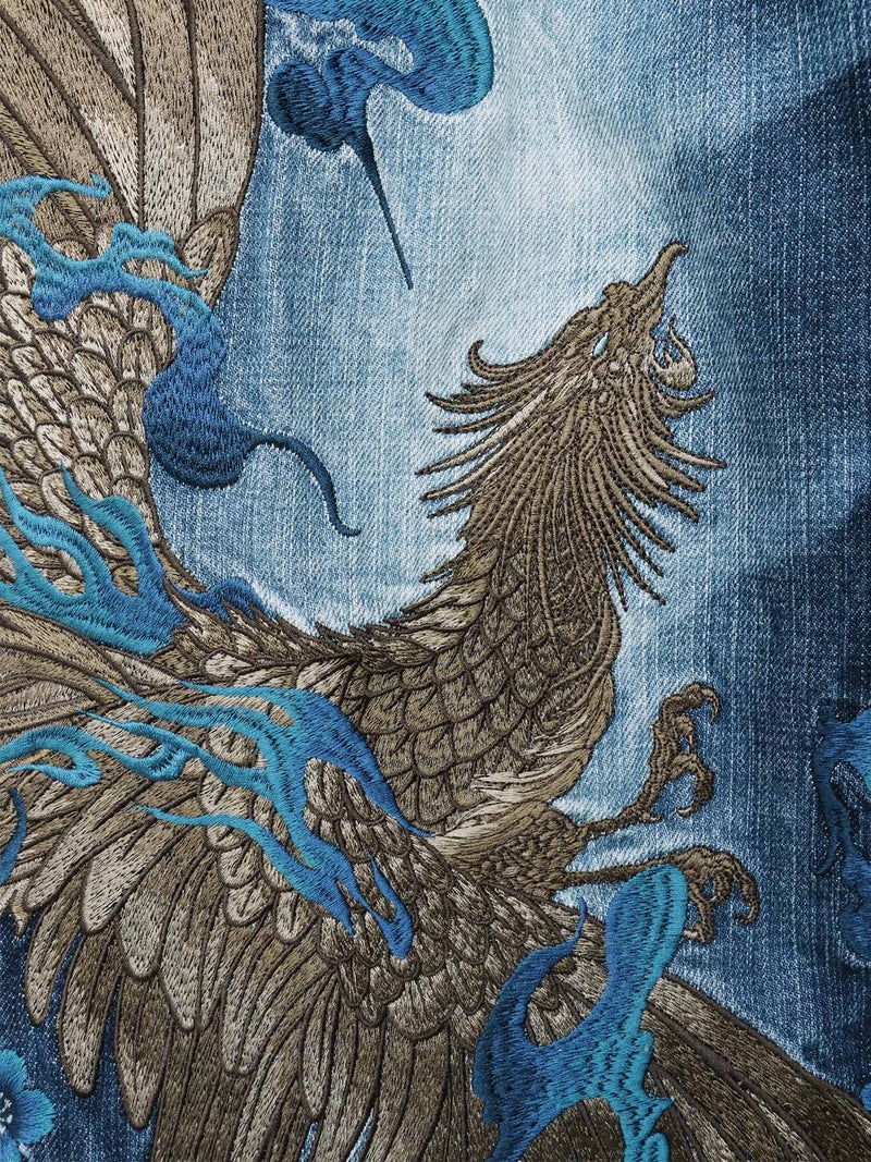 【絡繰魂・頂】“蒼炎”鳳凰総刺繍デニムパンツ〔別注〕