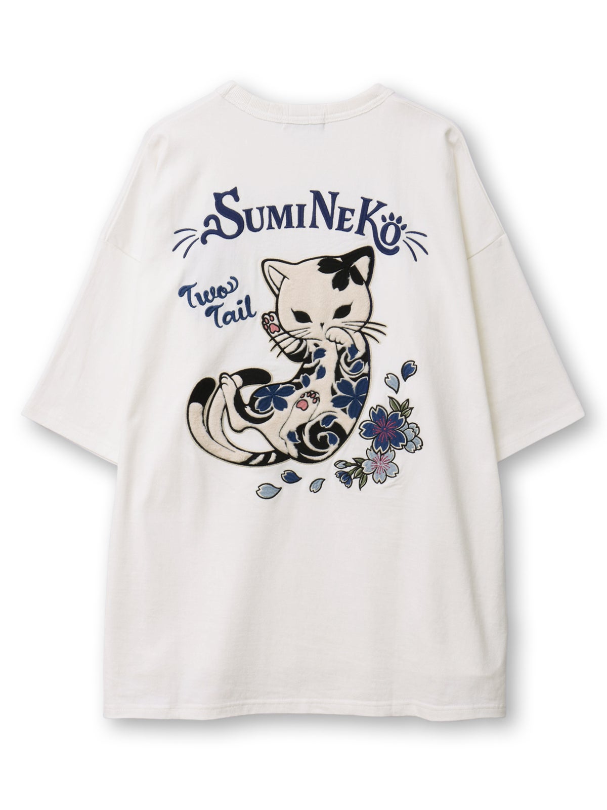 【SUMINEKO】“桜尽くし墨猫”刺繍入りBIGシルエットTシャツ