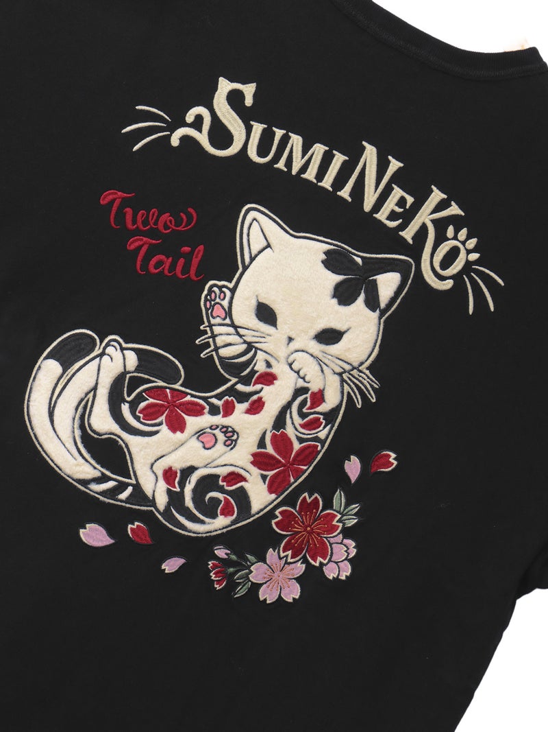 【SUMINEKO】“桜尽くし墨猫”刺繍入りBIGシルエットTシャツ