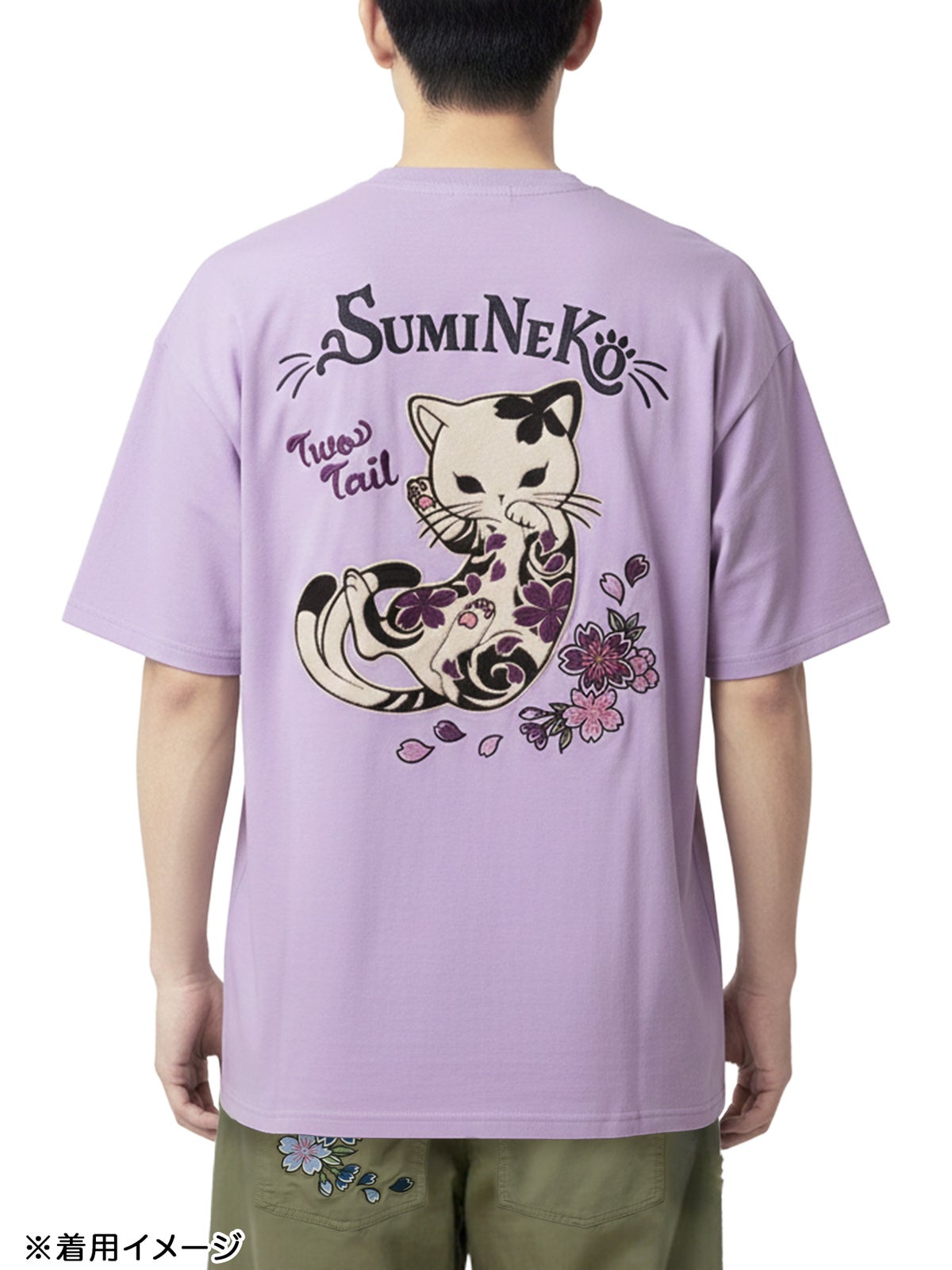 【SUMINEKO】“桜尽くし墨猫”刺繍入りBIGシルエットTシャツ