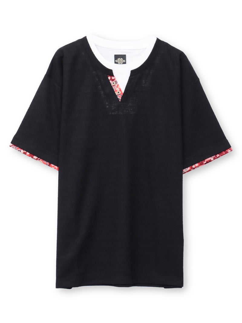 【雅結】 和生地遣いキーネックTシャツ