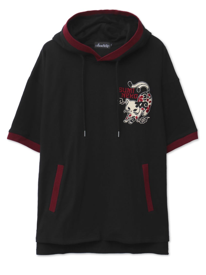 【SUMINEKO】“伸び猫”刺繍入りBIGシルエット半袖プルパーカー
