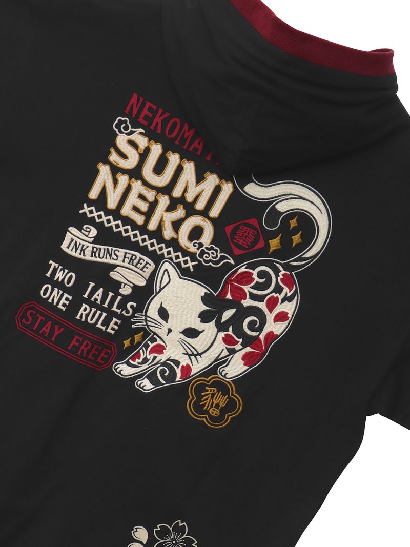 【SUMINEKO】“伸び猫”刺繍入りBIGシルエット半袖プルパーカー