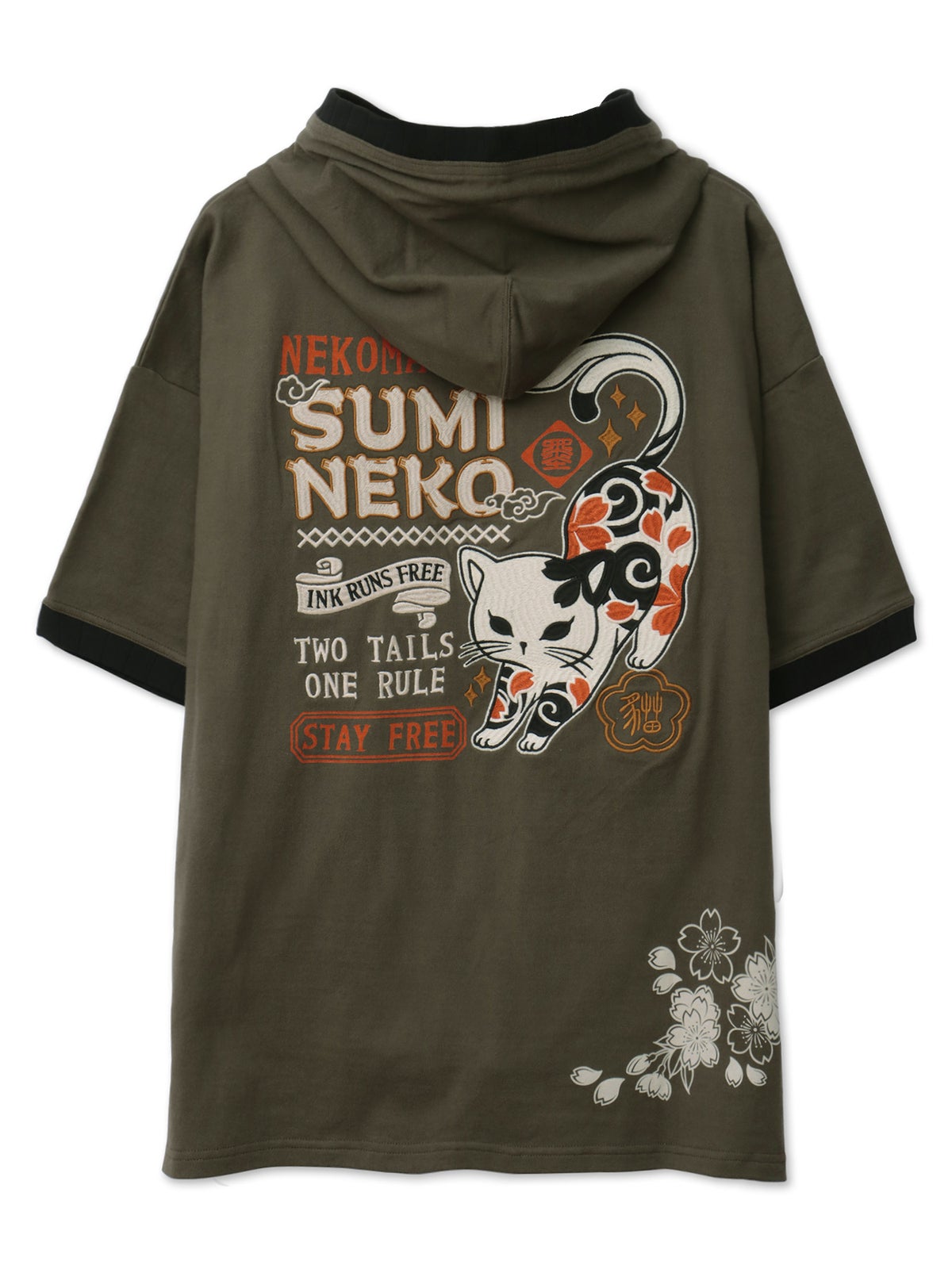 【SUMINEKO】“伸び猫”刺繍入りBIGシルエット半袖プルパーカー