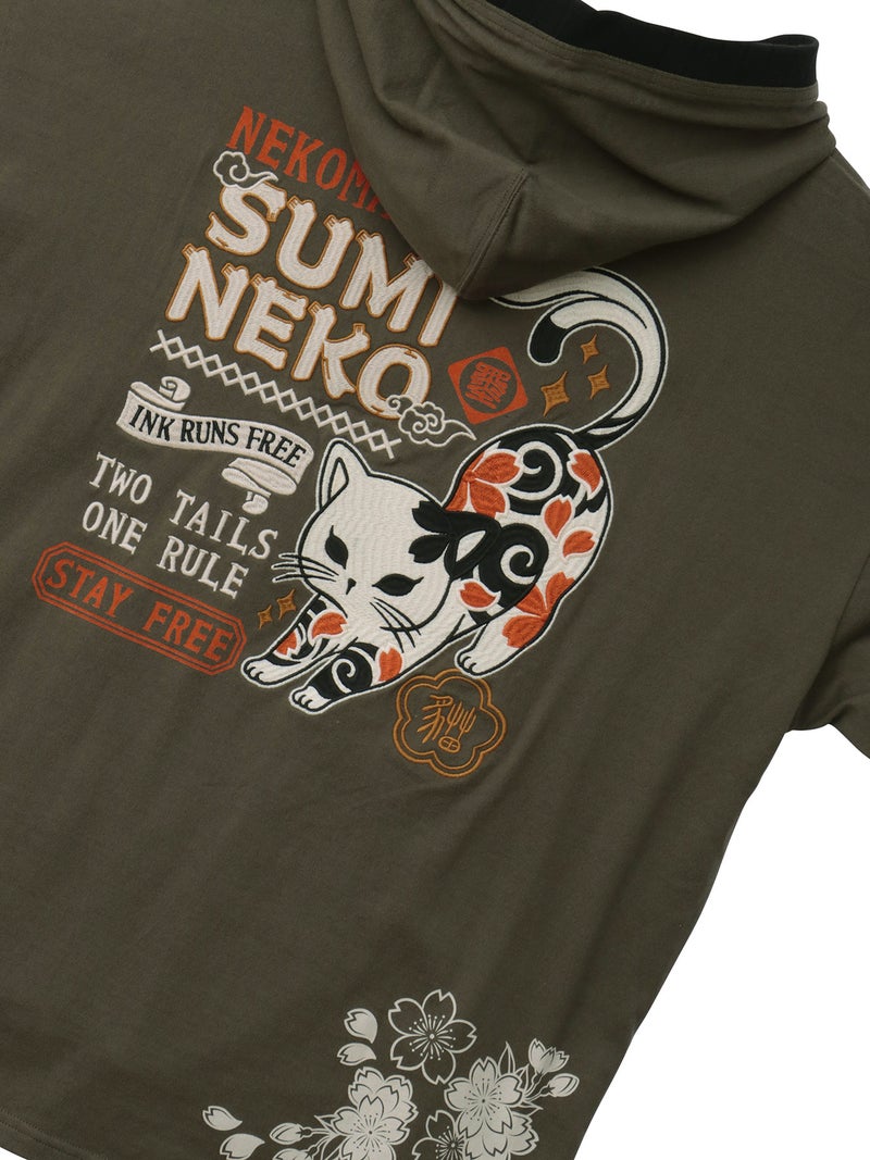 【SUMINEKO】“伸び猫”刺繍入りBIGシルエット半袖プルパーカー