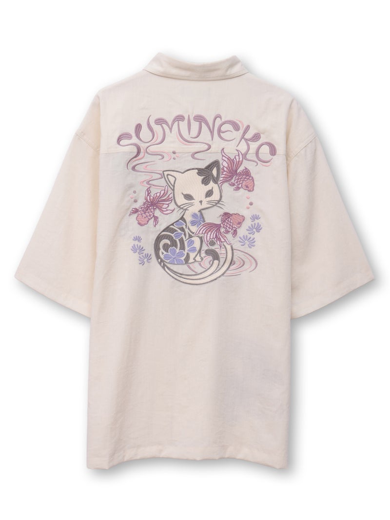 【SUMINEKO】“金魚と墨猫”刺繍入りBIGシルエットシャツ