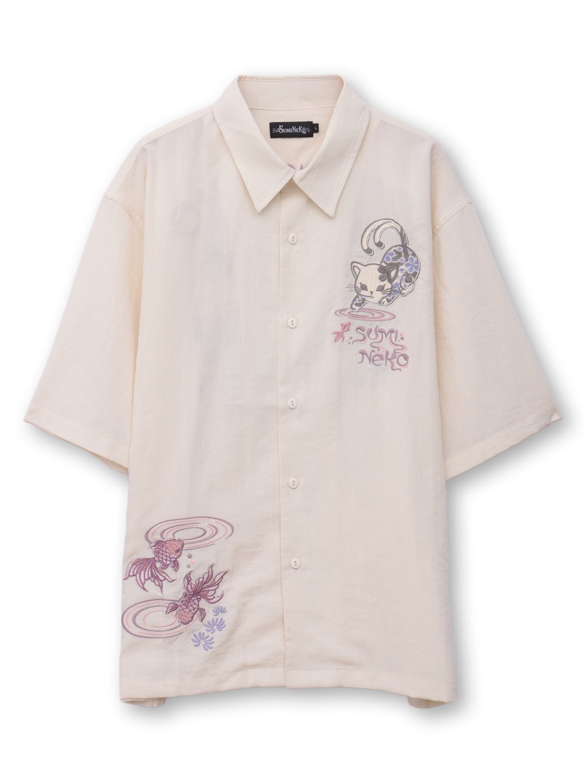 【SUMINEKO】“金魚と墨猫”刺繍入りBIGシルエットシャツ