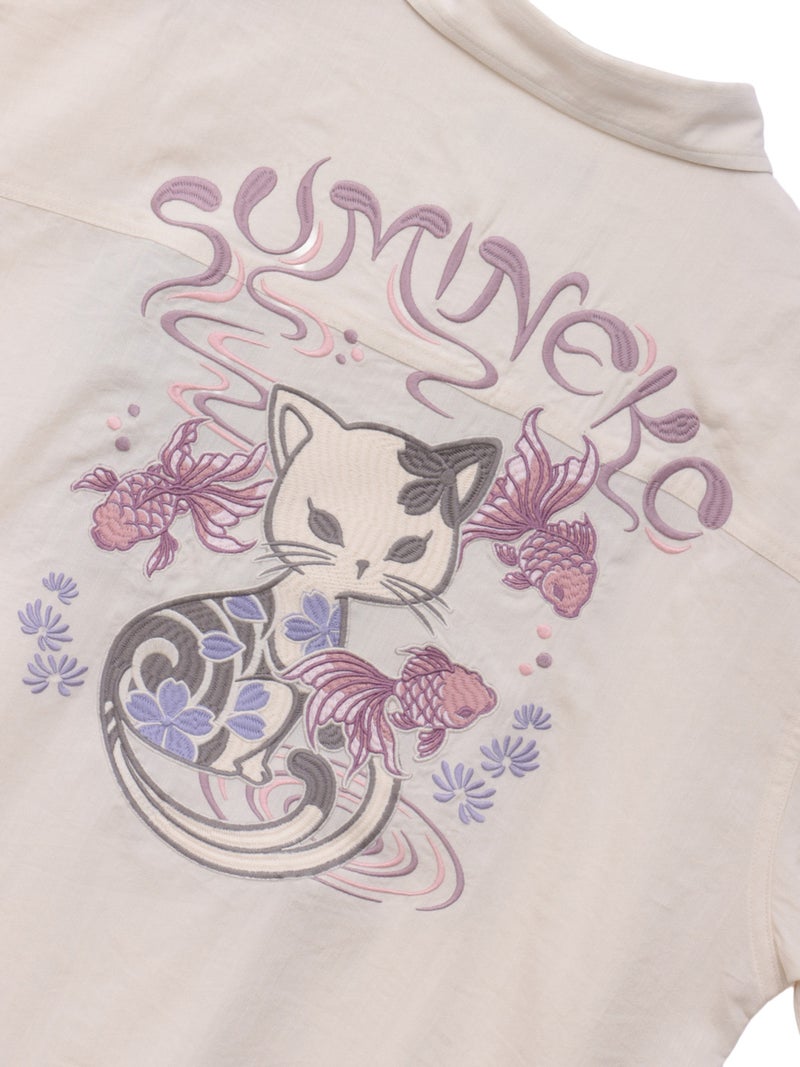 【SUMINEKO】“金魚と墨猫”刺繍入りBIGシルエットシャツ