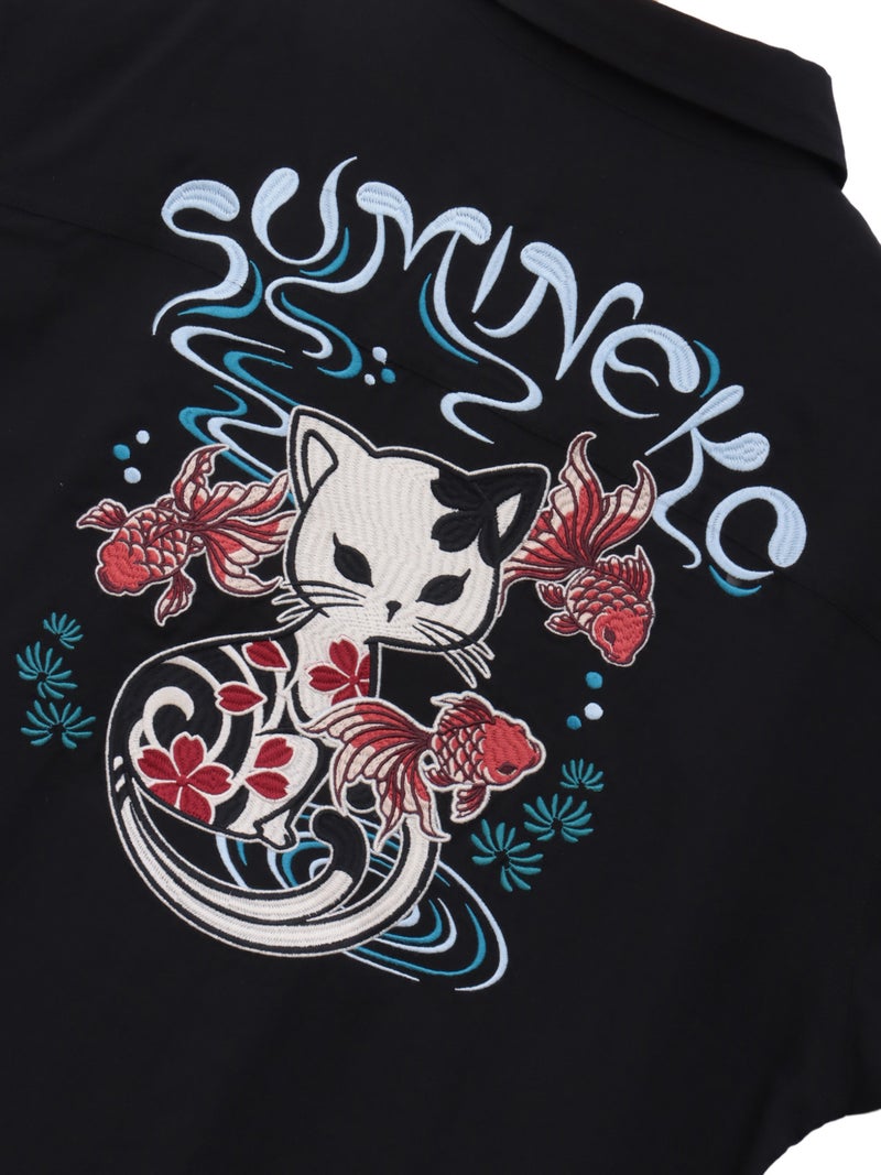 【SUMINEKO】“金魚と墨猫”刺繍入りBIGシルエットシャツ