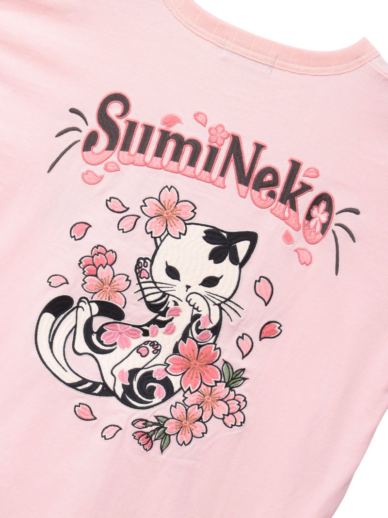 【SUMINEKO】“桜尽くし墨猫”刺繍入りBIGシルエットロンT