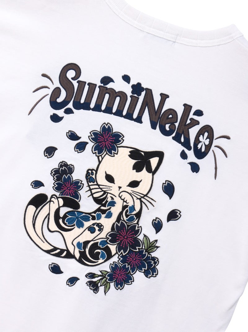 【SUMINEKO】“桜尽くし墨猫”刺繍入りBIGシルエットロンT