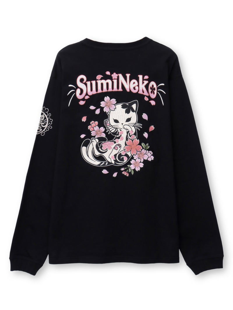 【SUMINEKO】“桜尽くし墨猫”刺繍入りBIGシルエットロンT