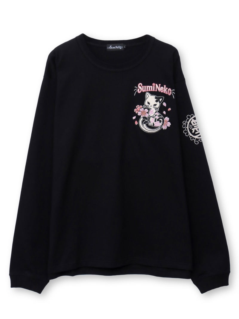 【SUMINEKO】“桜尽くし墨猫”刺繍入りBIGシルエットロンT