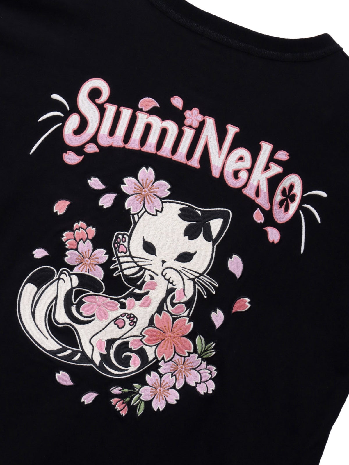 【SUMINEKO】“桜尽くし墨猫”刺繍入りBIGシルエットロンT