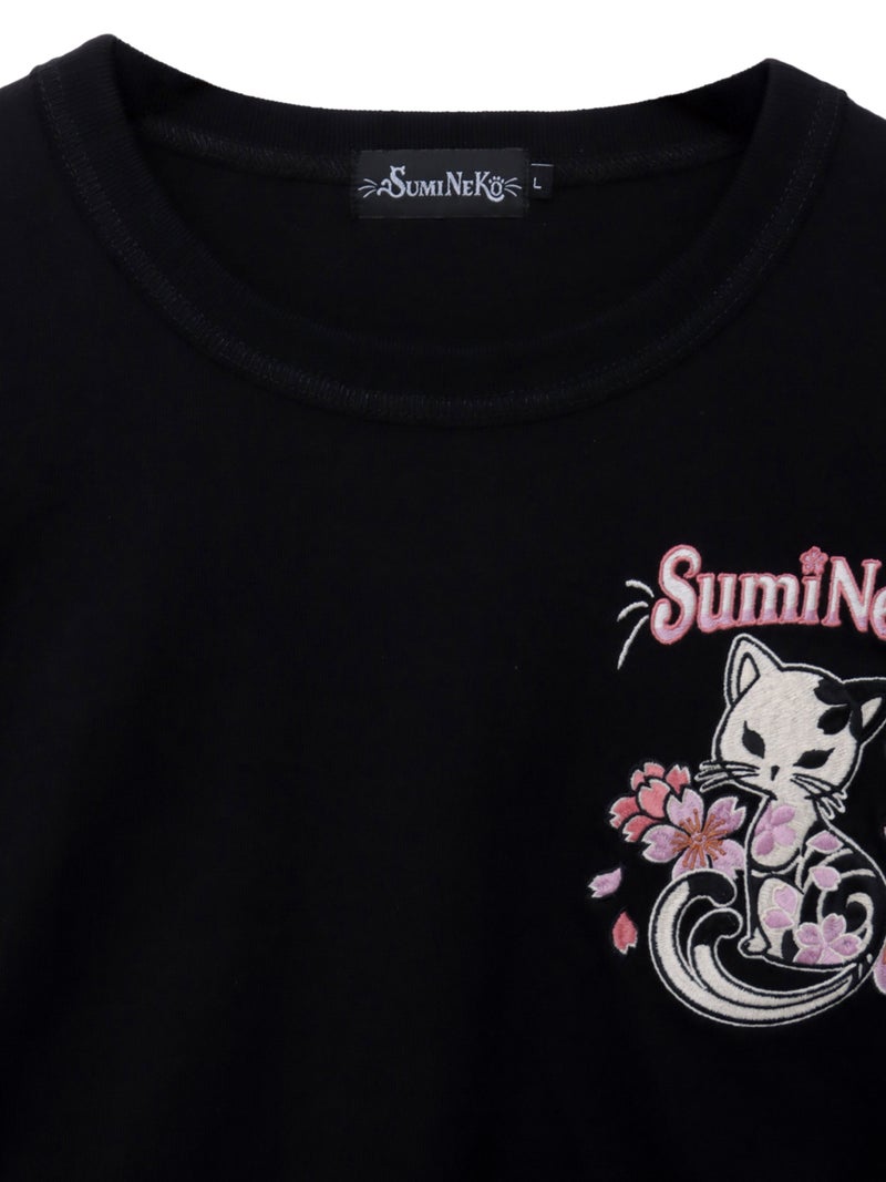 【SUMINEKO】“桜尽くし墨猫”刺繍入りBIGシルエットロンT