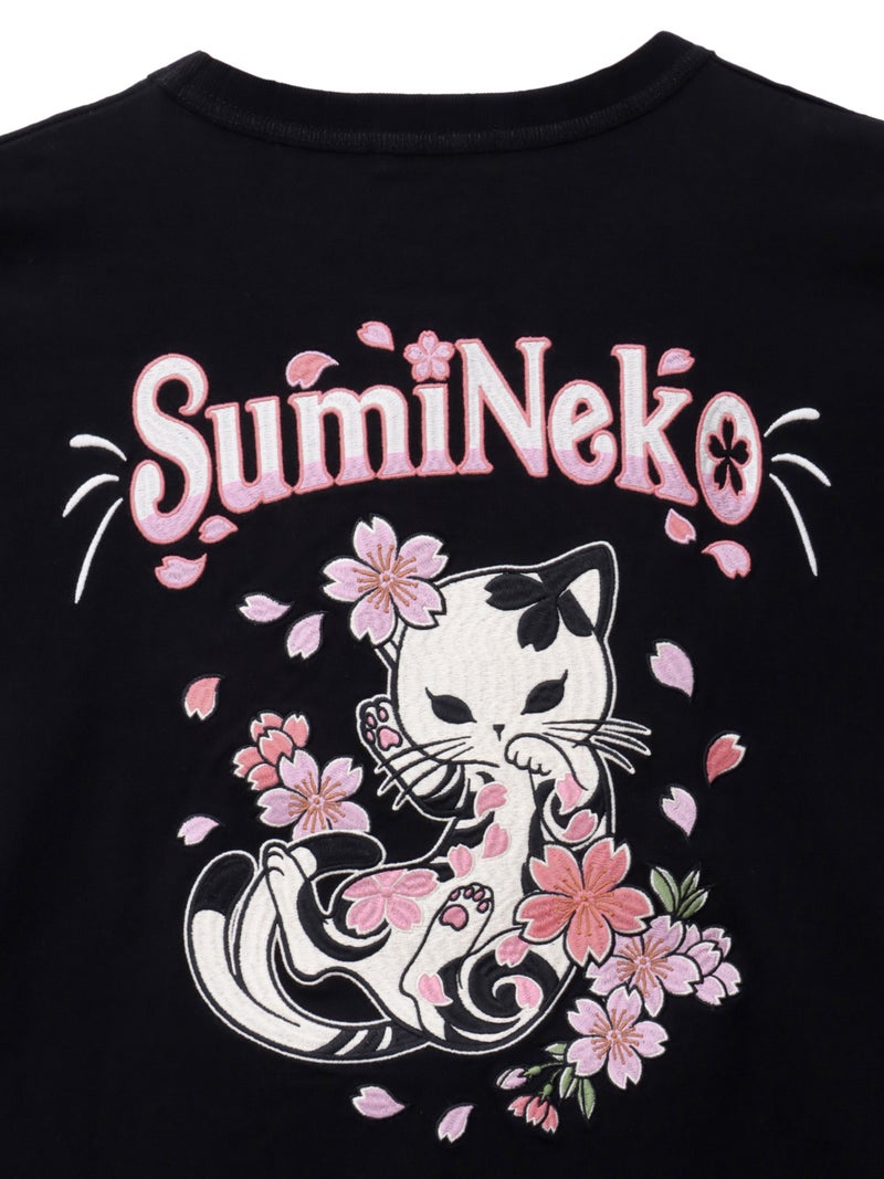 【SUMINEKO】“桜尽くし墨猫”刺繍入りBIGシルエットロンT