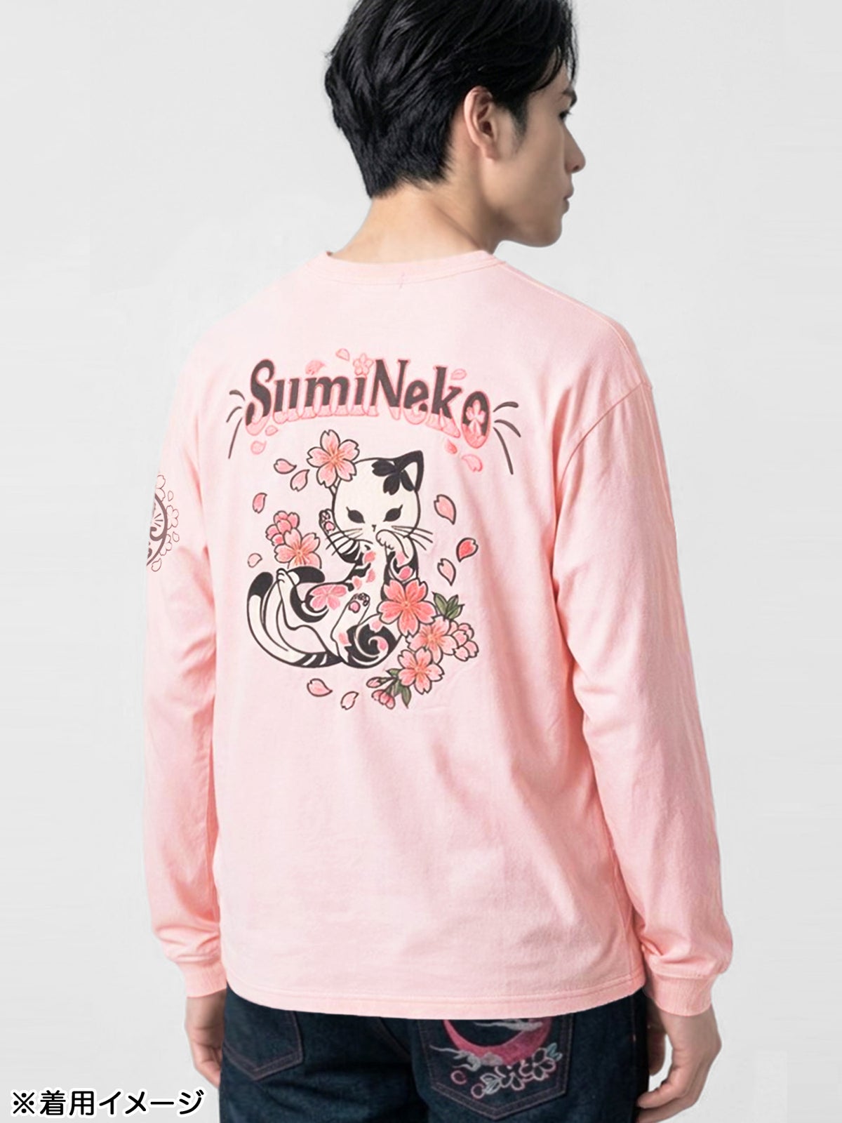 【SUMINEKO】“桜尽くし墨猫”刺繍入りBIGシルエットロンT