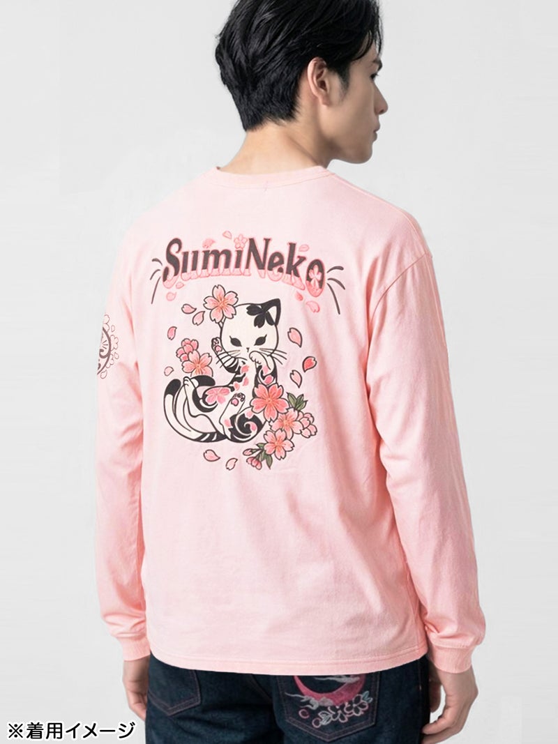 【SUMINEKO】“桜尽くし墨猫”刺繍入りBIGシルエットロンT
