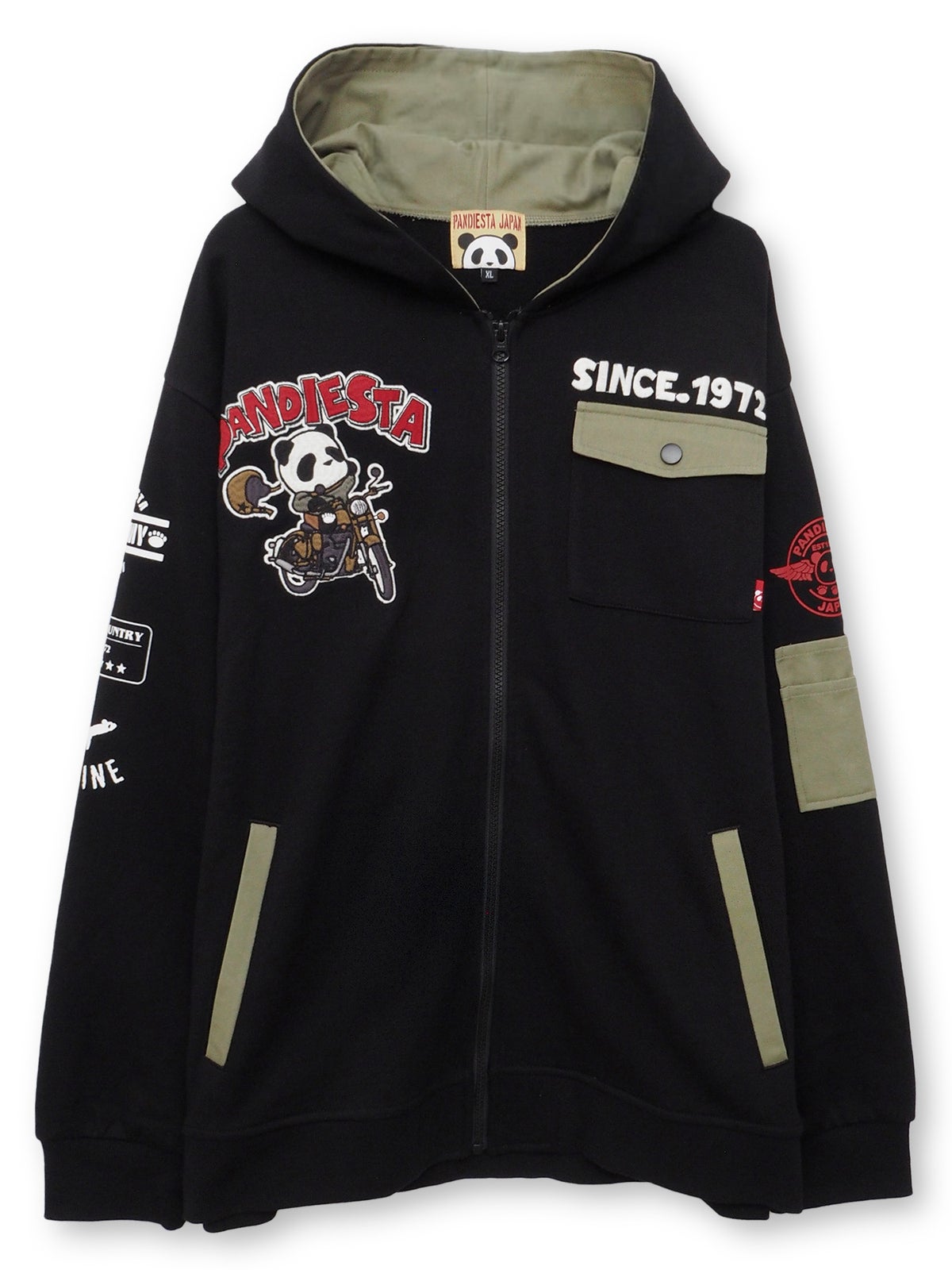【PANDIESTA JAPAN】“タンデムバイクパンダ”ミリタリー風刺入りZIPパーカー