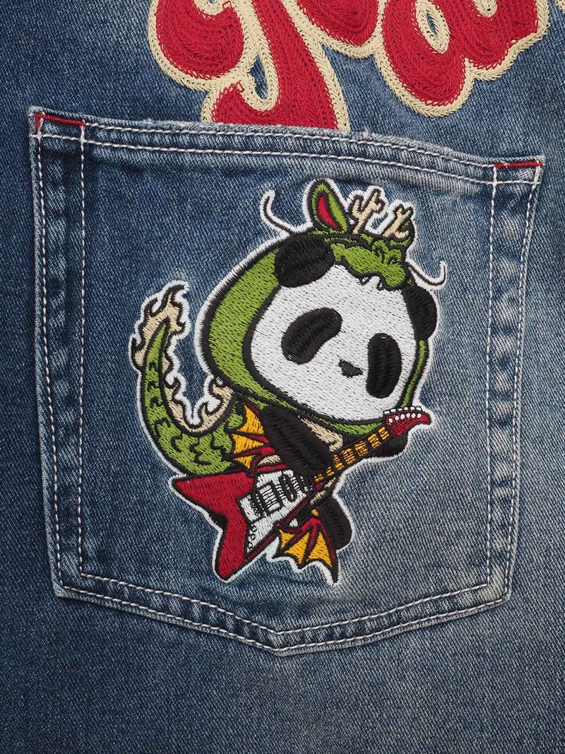 【PANDIESTA JAPAN】“ギターバトルパンダ”刺繍入りワイドデニムパンツ